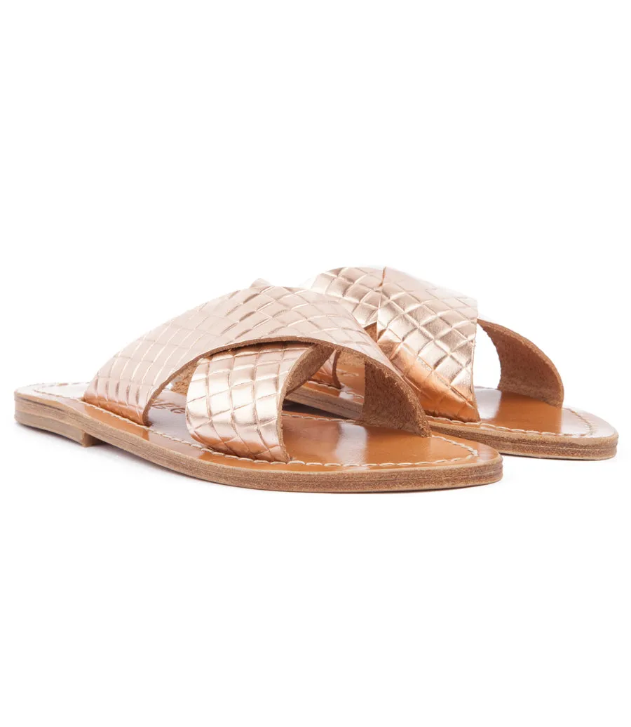 ARIS SANDALS IN TEXTURED LEATHER FT WIDE CRISSCROSS STRAPS ROSE GOLD