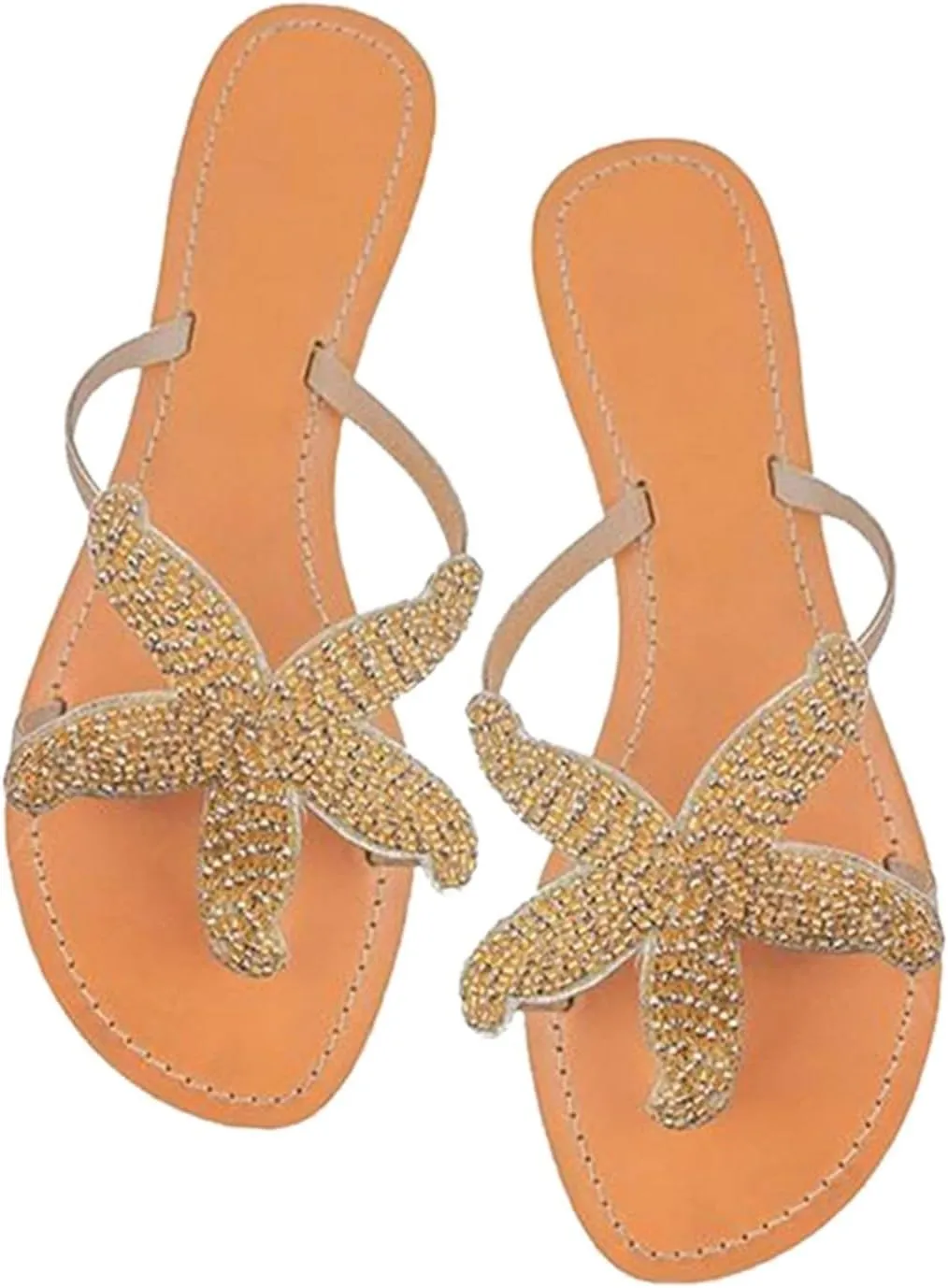 Beach Sandals for Woman,Women's Cute Starfish Flat Sandal Gold Flip Flops Clip Toe Slide Fashion Slip-on Slides Dressy Comfortable Bohemian Flats Summer Outdoor Travel Thong Slippers