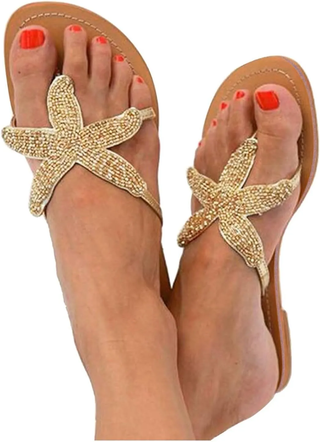 Beach Sandals for Woman,Women's Cute Starfish Flat Sandal Gold Flip Flops Clip Toe Slide Fashion Slip-on Slides Dressy Comfortable Bohemian Flats Summer Outdoor Travel Thong Slippers