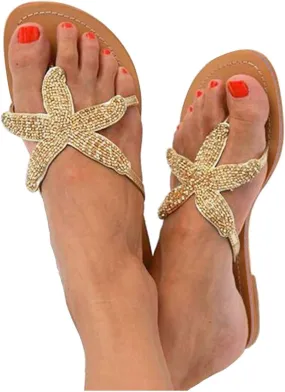 Beach Sandals for Woman,Women's Cute Starfish Flat Sandal Gold Flip Flops Clip Toe Slide Fashion Slip-on Slides Dressy Comfortable Bohemian Flats Summer Outdoor Travel Thong Slippers