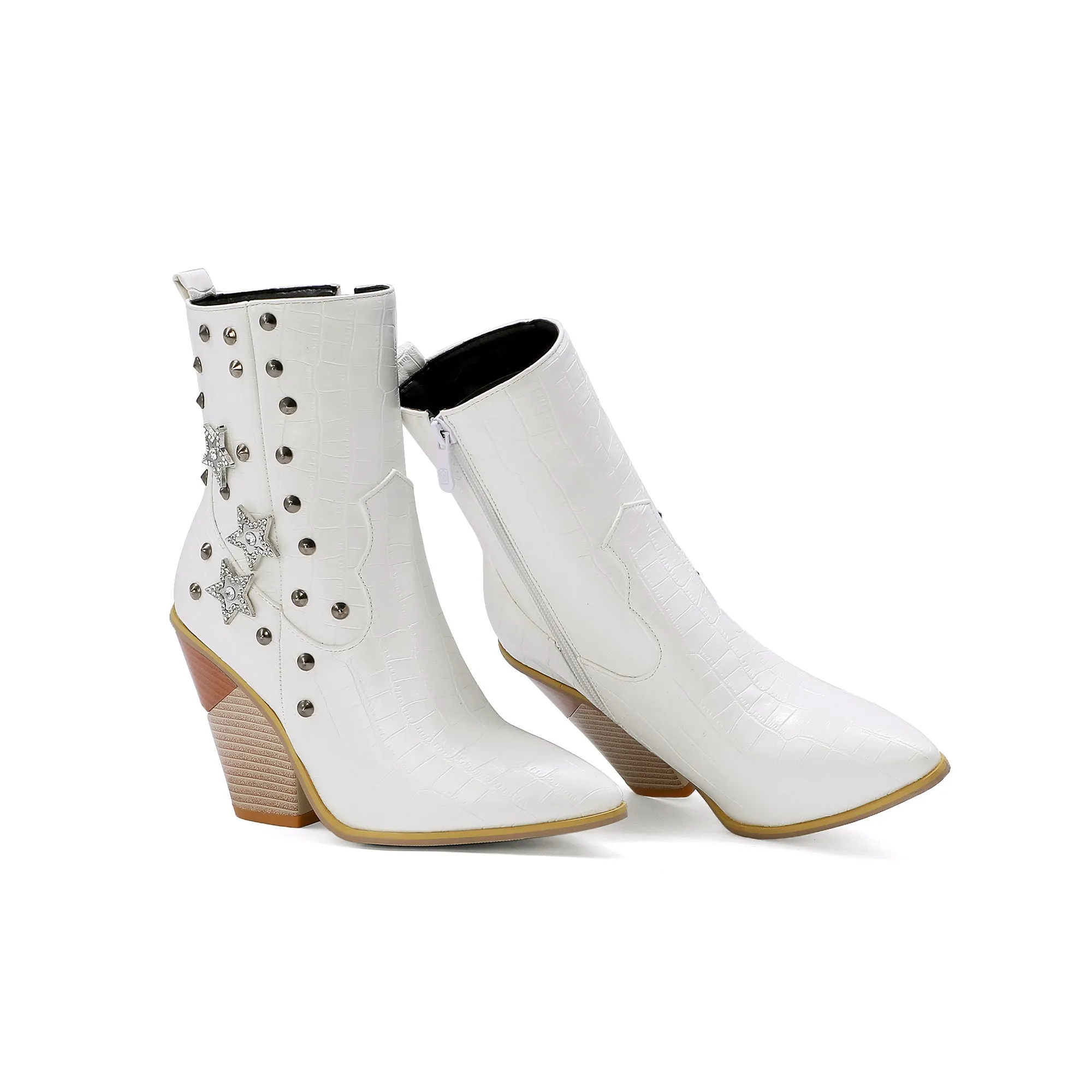 Bigsizeheels Rivet vintage zipper leather ankle boots - White