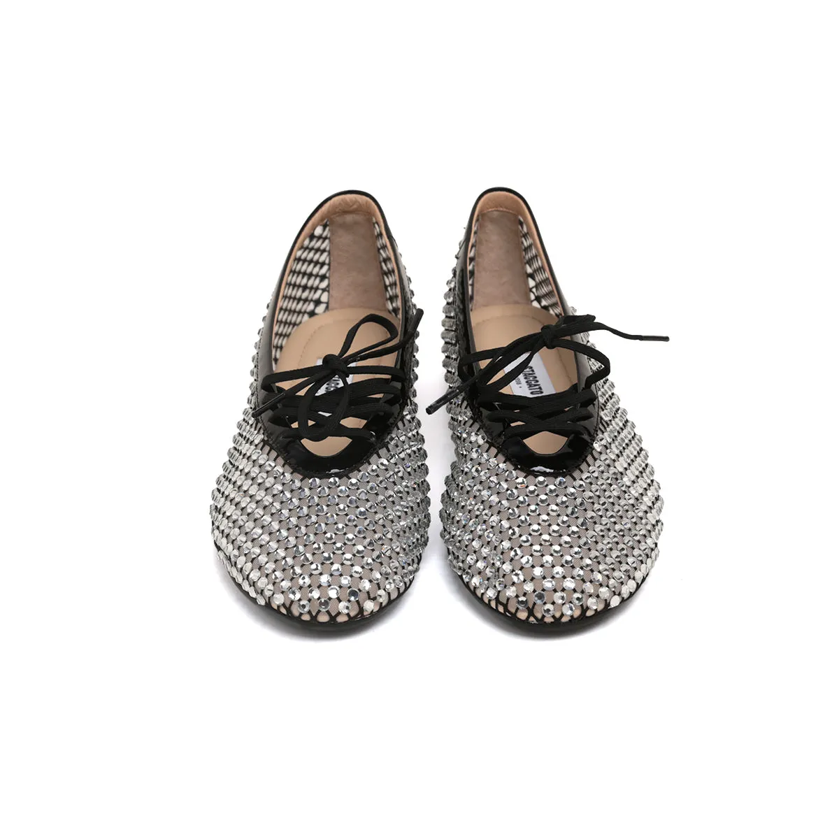 Black Mesh Crystal Embellished Ballet Flats
