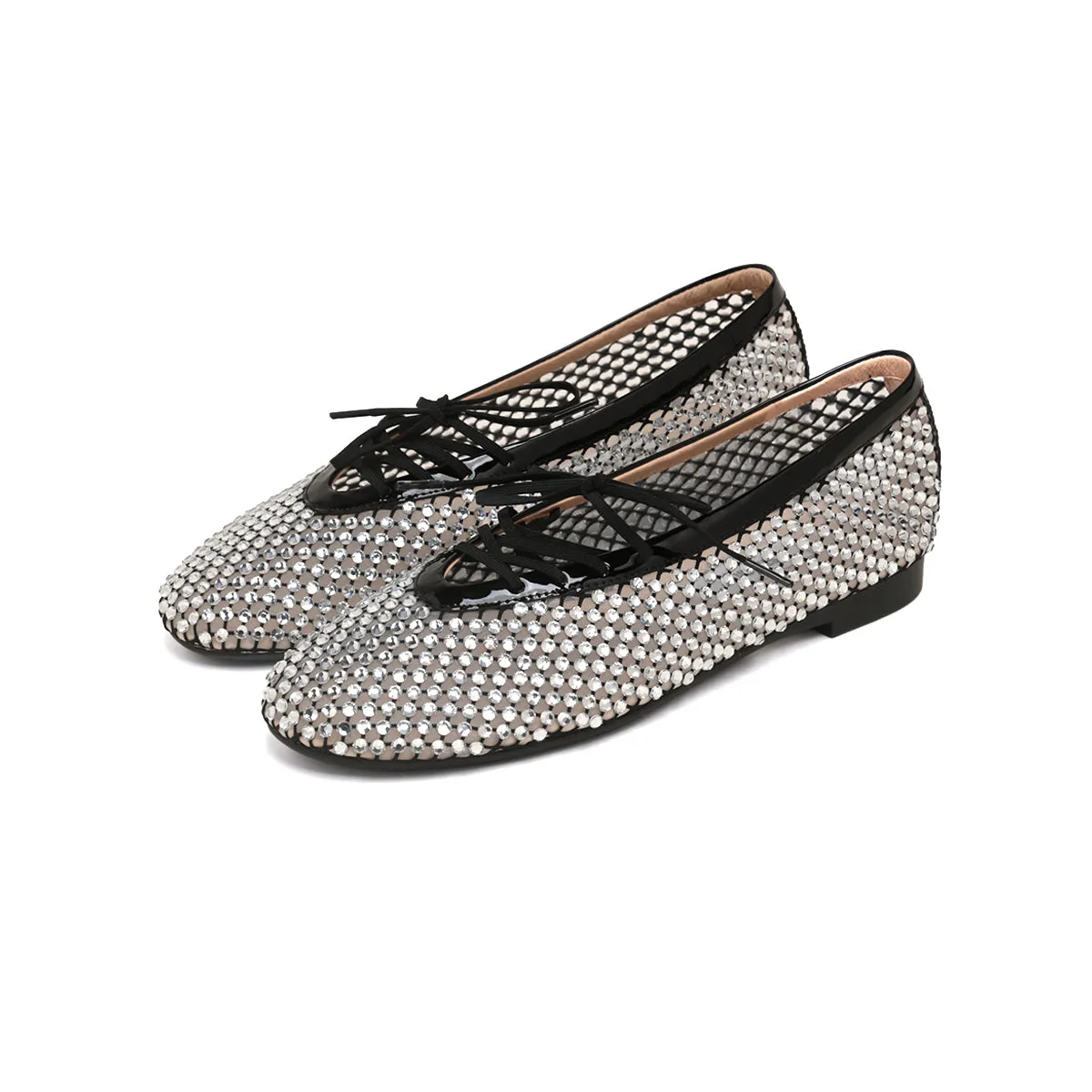 Black Mesh Crystal Embellished Ballet Flats