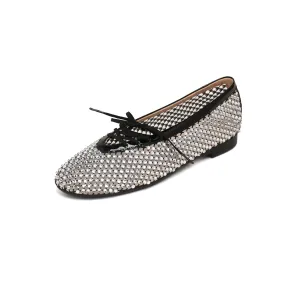 Black Mesh Crystal Embellished Ballet Flats