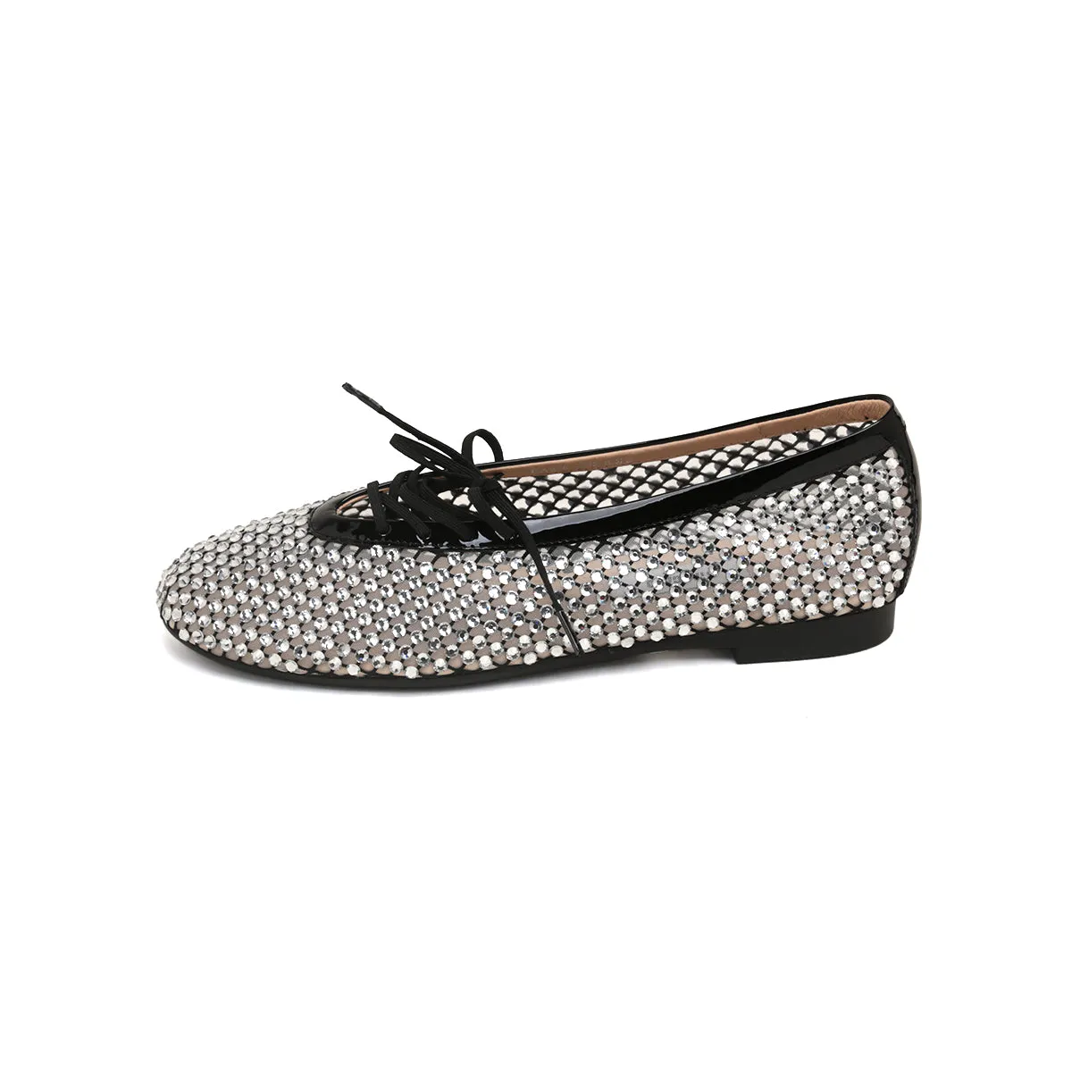 Black Mesh Crystal Embellished Ballet Flats