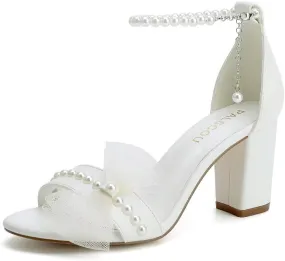 Block Heel Wedding Sandals Bridal Shoes Wedding Shoes for Bride Pearl Heels with Bow