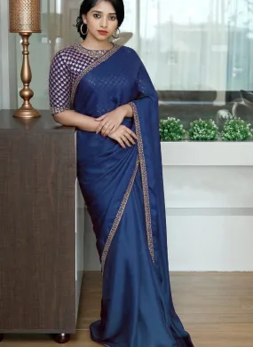 Blue Sequin Silk Embroidered Saree For Reception