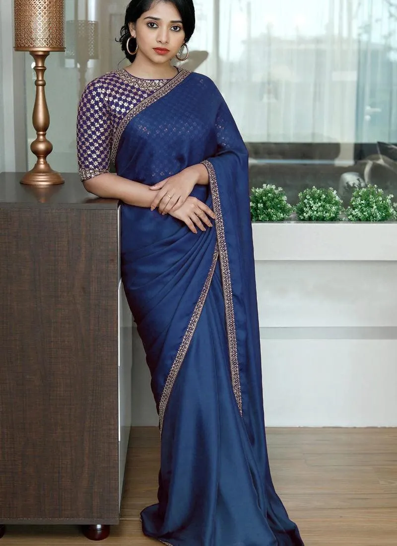 Blue Sequin Silk Embroidered Saree For Reception