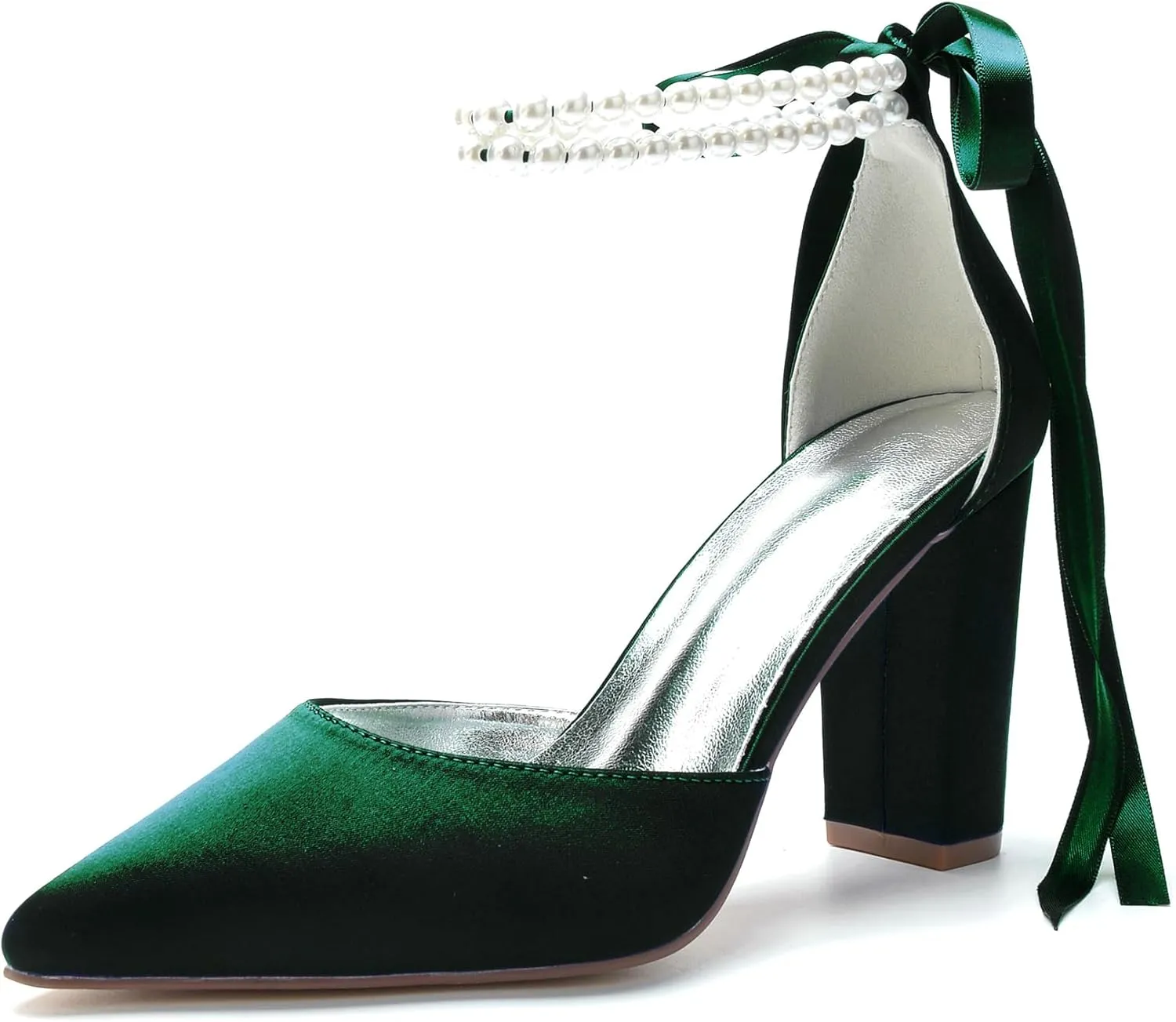 Closed Toe Pearl High Heels Satin Wedding Shoes for Bride Block Heels Bridal Shoes Prom Evening Party Dress Shoes Pumps