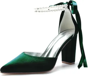 Closed Toe Pearl High Heels Satin Wedding Shoes for Bride Block Heels Bridal Shoes Prom Evening Party Dress Shoes Pumps