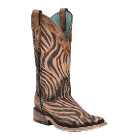 Corral Ladies Saddle Zebra Print & Overlay Square Toe Boots C3859