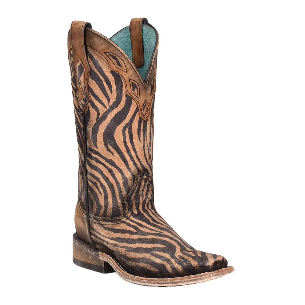 Corral Ladies Saddle Zebra Print & Overlay Square Toe Boots C3859