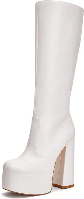 Coutgo Women's Platform Knee High Boots Chunky Heel Sexy Round Toe Side Zipper Long Boot