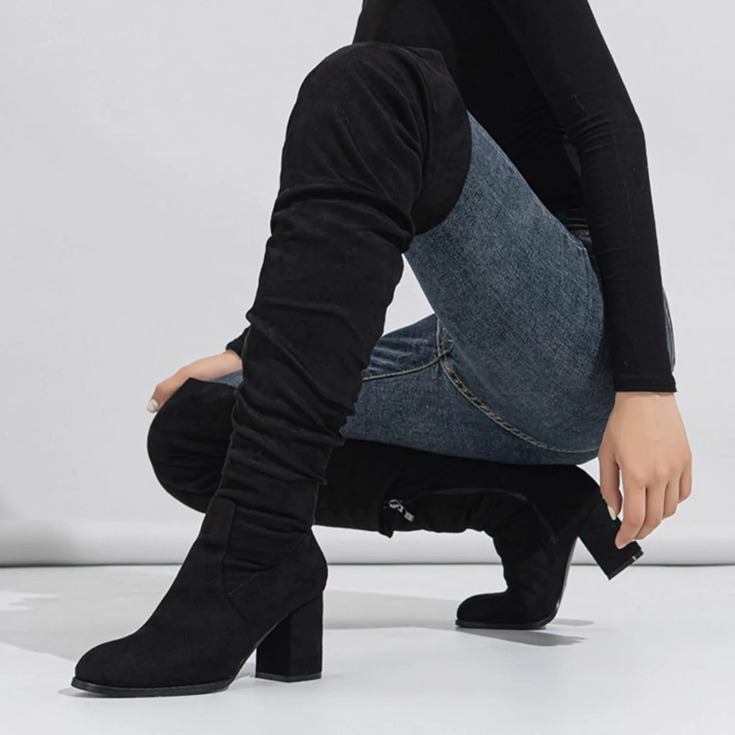 Cowboy Boots For Women Square Heel Over Knee Boots Suede Zipper Thigh High Boots Chunky Heeled Tall Long Boots
