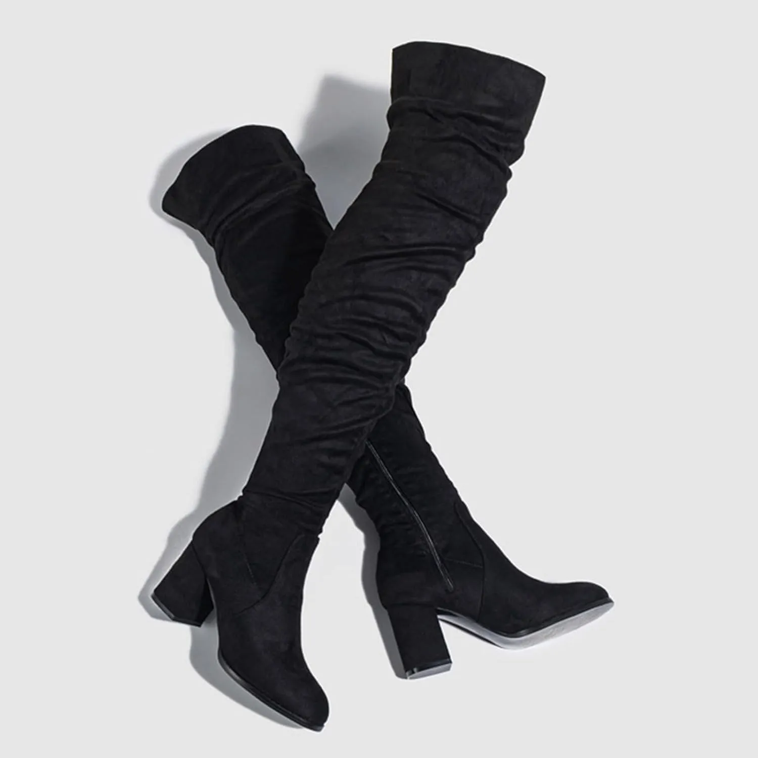 Cowboy Boots For Women Square Heel Over Knee Boots Suede Zipper Thigh High Boots Chunky Heeled Tall Long Boots