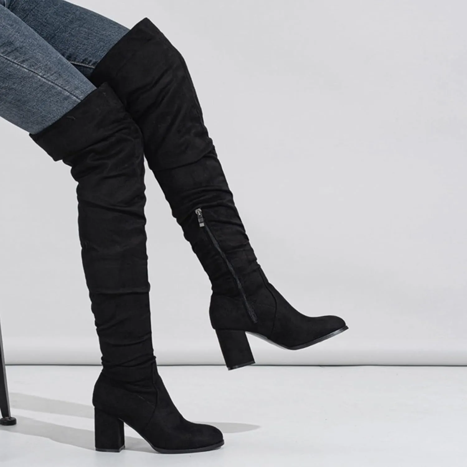 Cowboy Boots For Women Square Heel Over Knee Boots Suede Zipper Thigh High Boots Chunky Heeled Tall Long Boots
