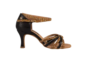 Dance Naturals 25 Canoa Black/Leopard Print Knotted Multi-Strap Latin Dance Shoe with Double Ankle Strap