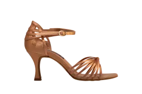Dance Naturals 409 Perla Bronze Satin Ladies Latin Dance Shoe with Knotted Seven Strap Vamp and Cutous