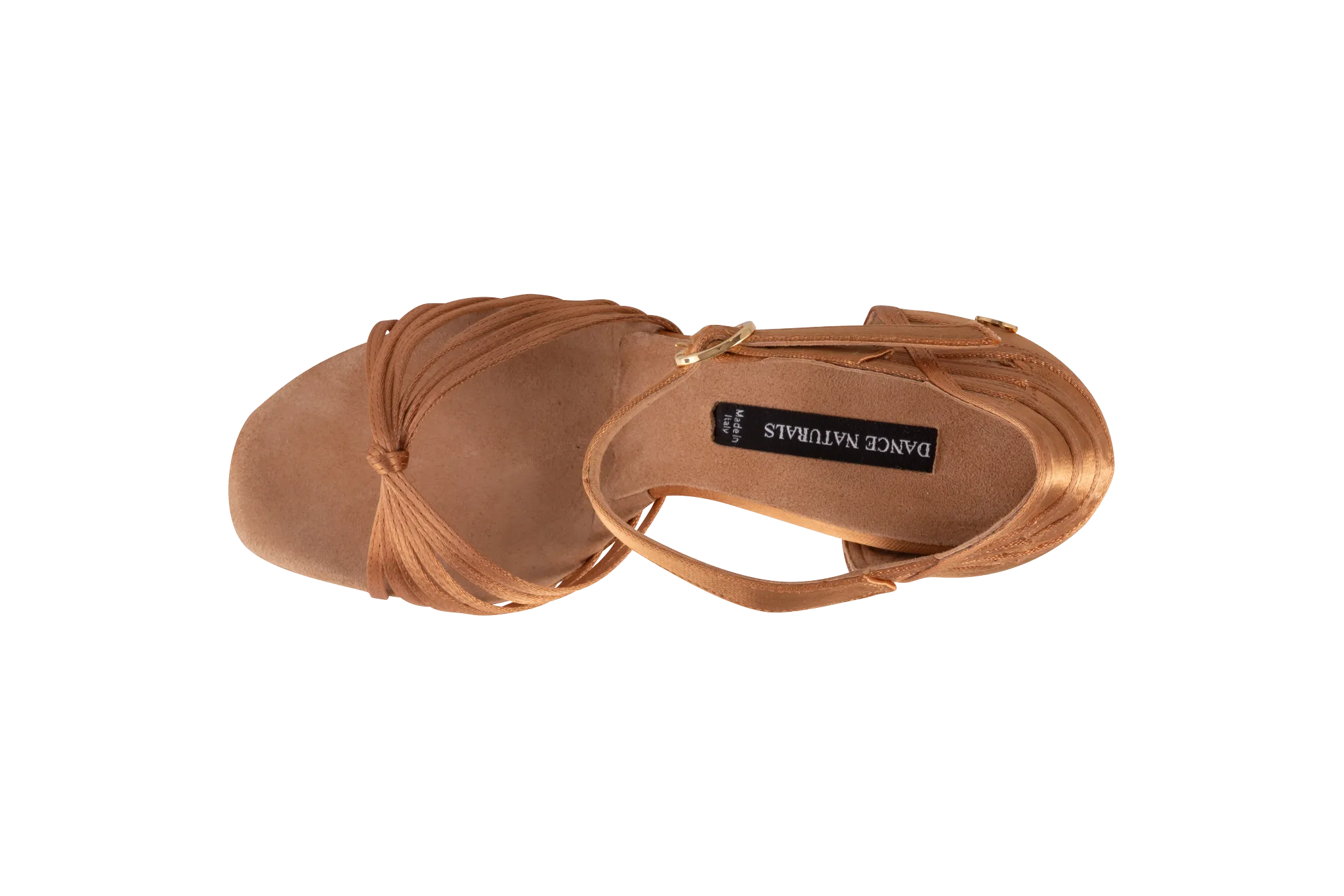 Dance Naturals 409 Perla Bronze Satin Ladies Latin Dance Shoe with Knotted Seven Strap Vamp and Cutous