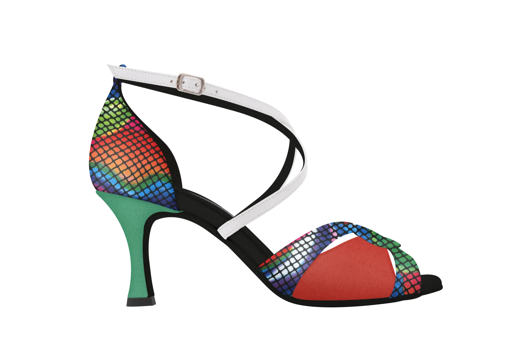 Dance Naturals 71 Mazaneta Multicolor Print Suede Ladies Latin Dance Shoe with Cutouts and Crossed Strap