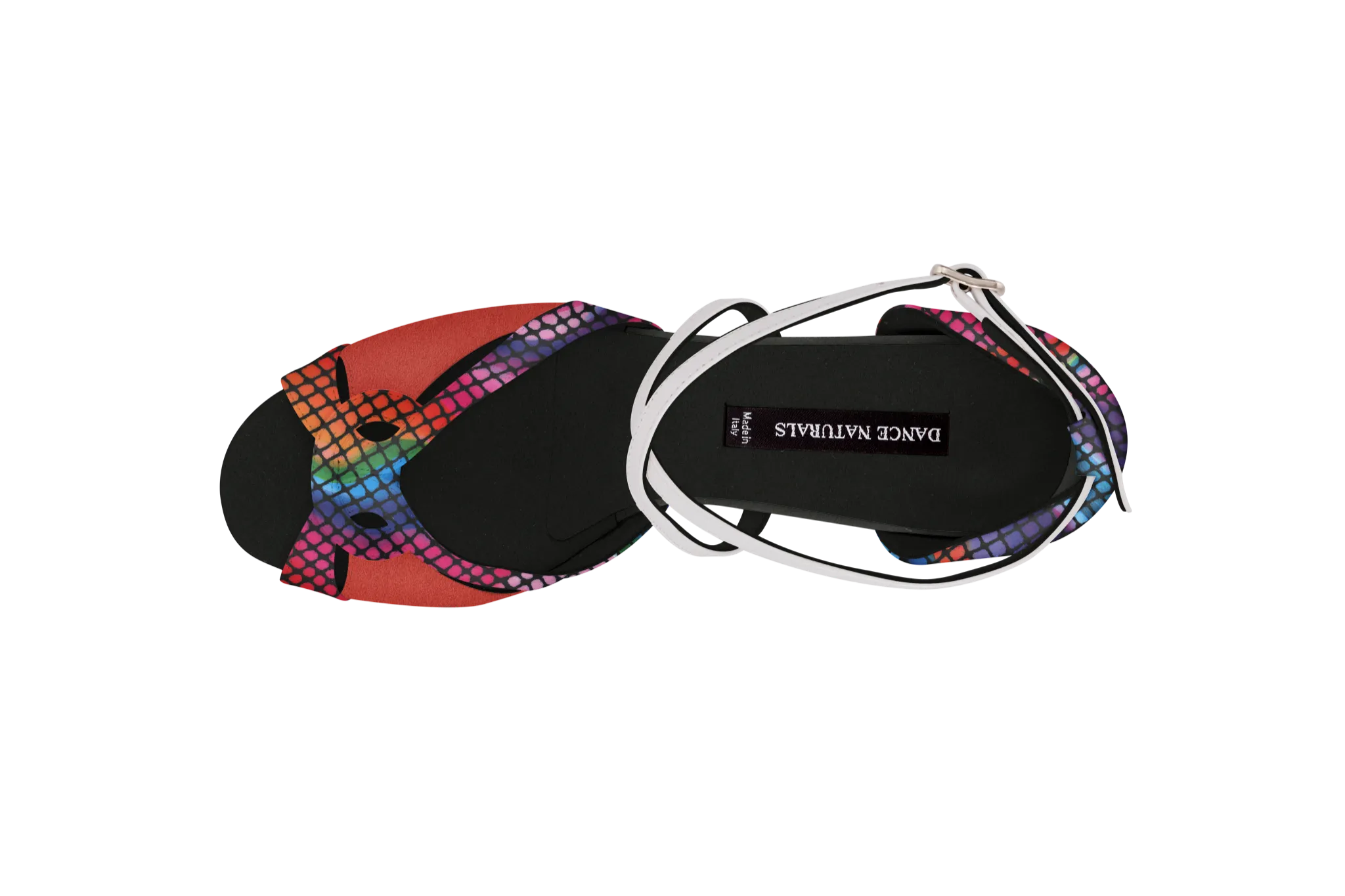 Dance Naturals 71 Mazaneta Multicolor Print Suede Ladies Latin Dance Shoe with Cutouts and Crossed Strap