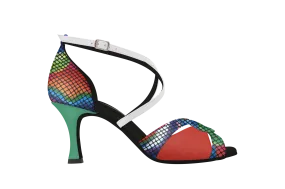 Dance Naturals 71 Mazaneta Multicolor Print Suede Ladies Latin Dance Shoe with Cutouts and Crossed Strap