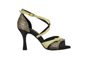 Dance Naturals 73 Celestia Gold Zebra Print and Black Ladies Tango Dance Shoe with Cutouts and Crossed Strap