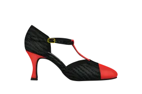 Dance Naturals 730 Marta Red Suede/Black Suede Printed Pointed Toe Ballroom Dance Shoe with T-Bar Strap