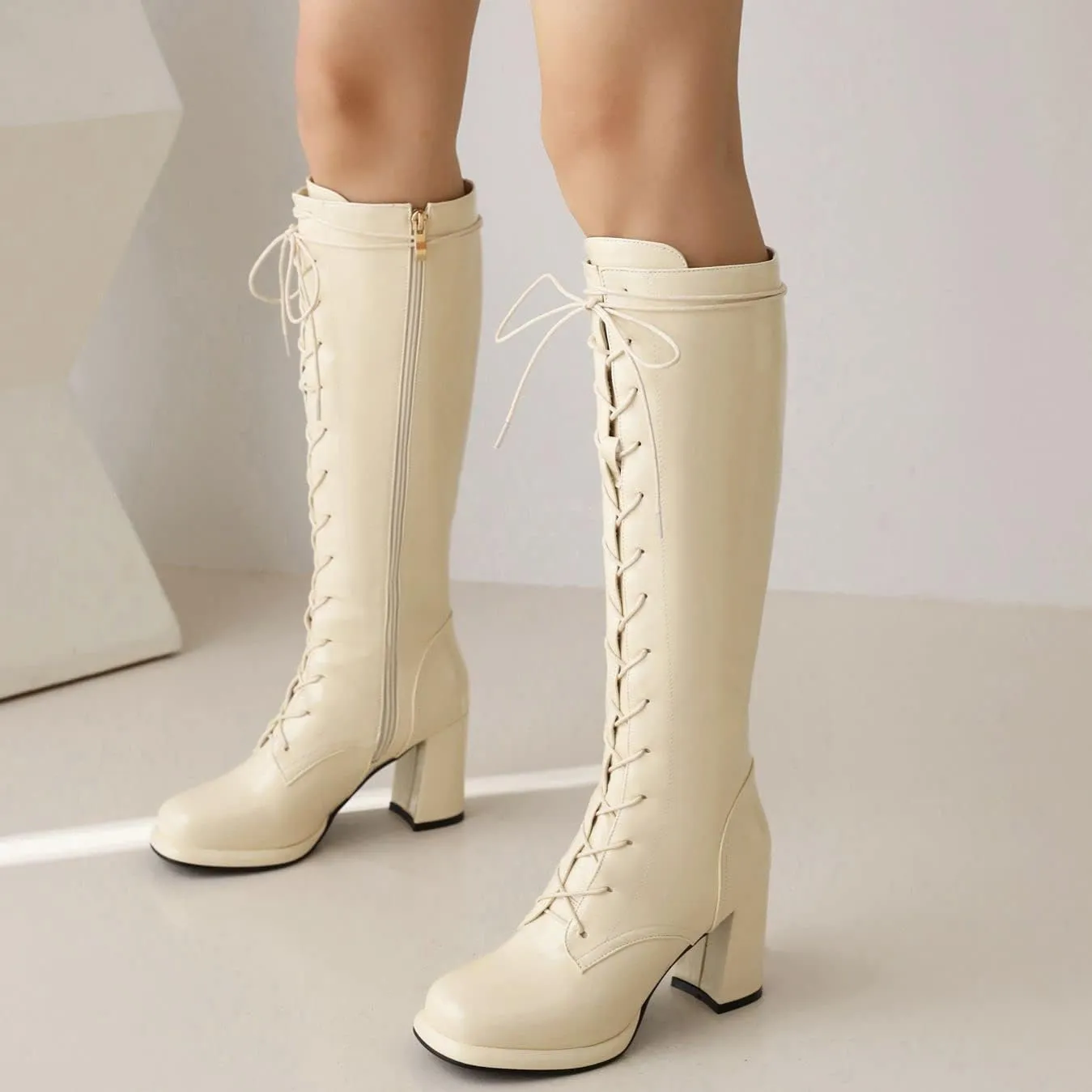 Elbslutt Women's Lace Up Knee High Boots Wide Calf Patent Leather Chunky Heeled Combat Long Boots