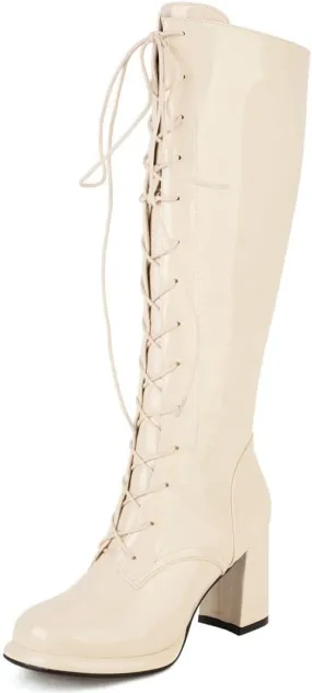 Elbslutt Women's Lace Up Knee High Boots Wide Calf Patent Leather Chunky Heeled Combat Long Boots