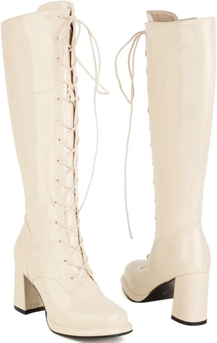 Elbslutt Women's Lace Up Knee High Boots Wide Calf Patent Leather Chunky Heeled Combat Long Boots
