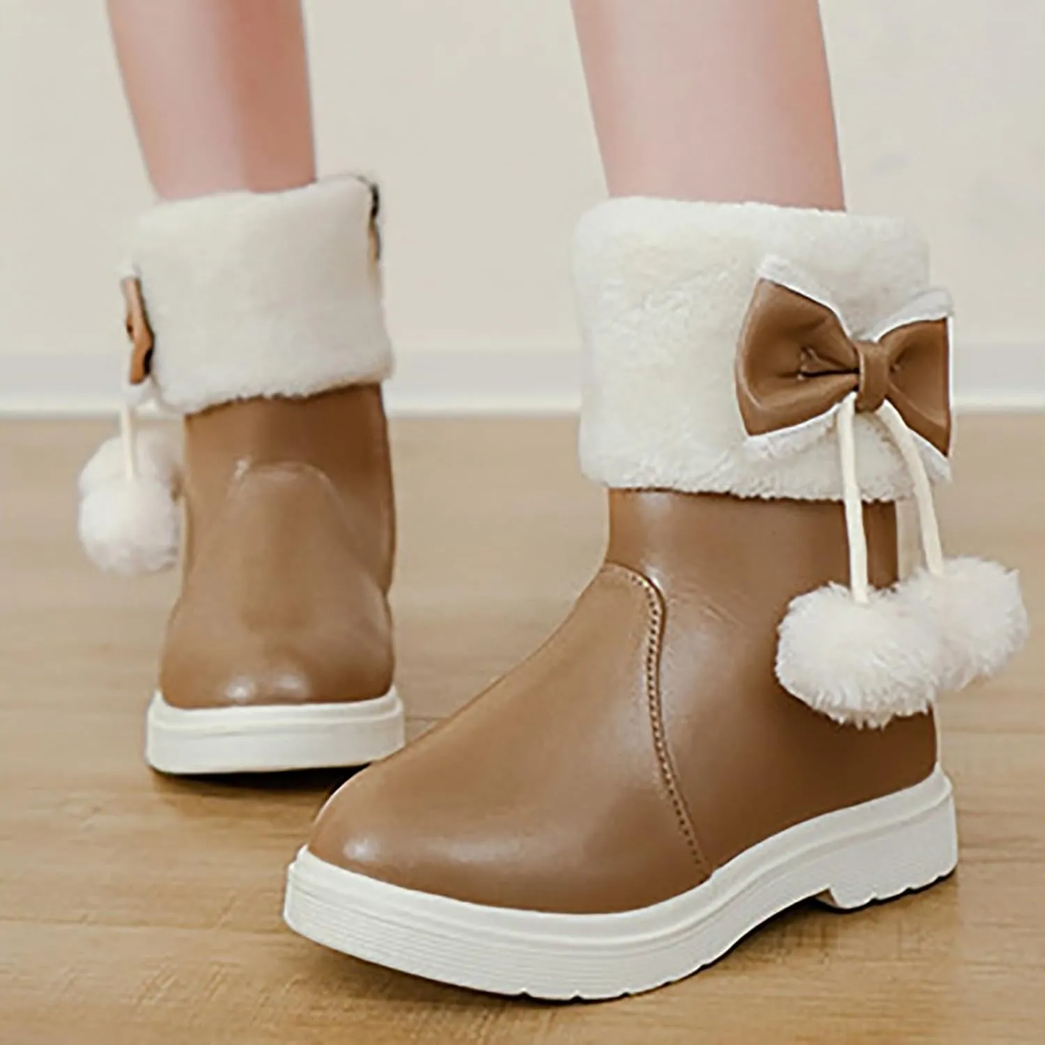 Girl's Winter Snow Boots Faux Fur Lined Mid Calf Shoes Cute Bowknot Fur Lining Warm Snow Boots