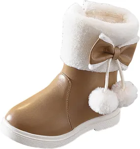 Girl's Winter Snow Boots Faux Fur Lined Mid Calf Shoes Cute Bowknot Fur Lining Warm Snow Boots