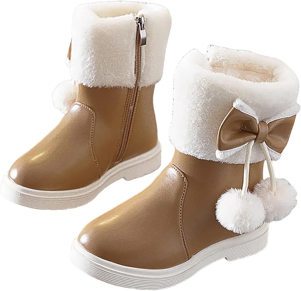 Girl's Winter Snow Boots Faux Fur Lined Mid Calf Shoes Cute Bowknot Fur Lining Warm Snow Boots