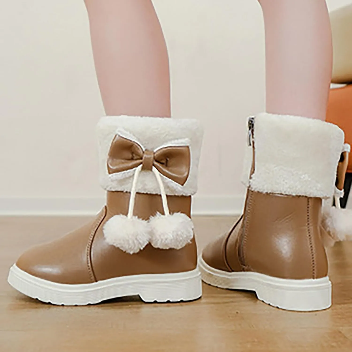 Girl's Winter Snow Boots Faux Fur Lined Mid Calf Shoes Cute Bowknot Fur Lining Warm Snow Boots