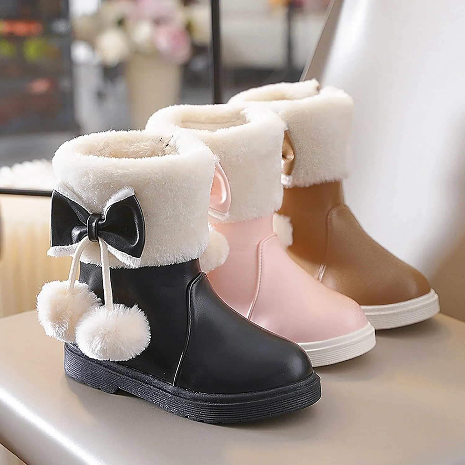Girl's Winter Snow Boots Faux Fur Lined Mid Calf Shoes Cute Bowknot Fur Lining Warm Snow Boots