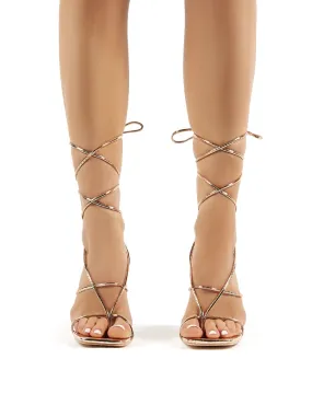 Hysteria Rose Gold PU Strappy Lace Up Clear Perspex Stiletto High Heels