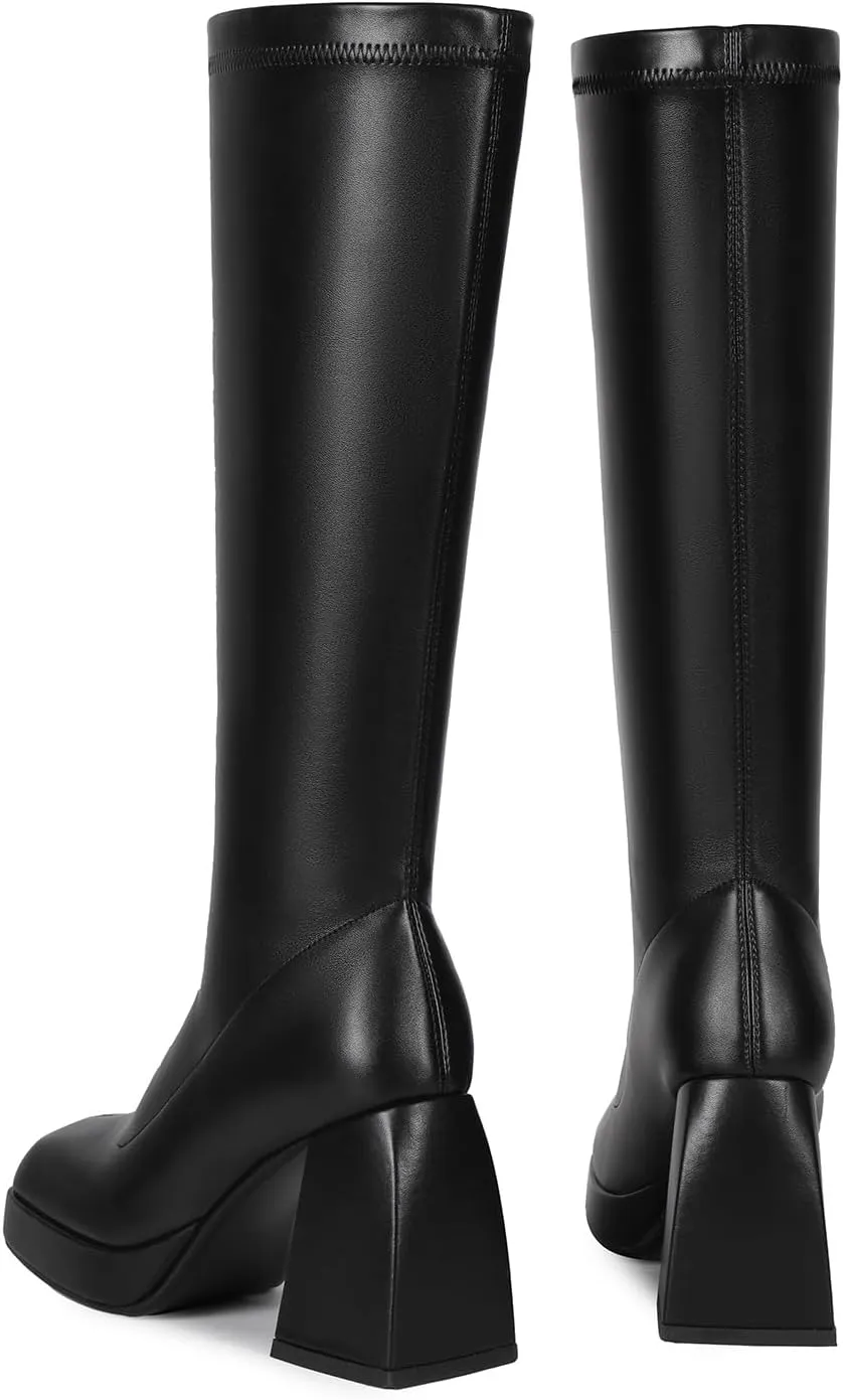 Knee High Go Go Boots - Tall Women's Square Toe Chunky Heel Platform Long Boots