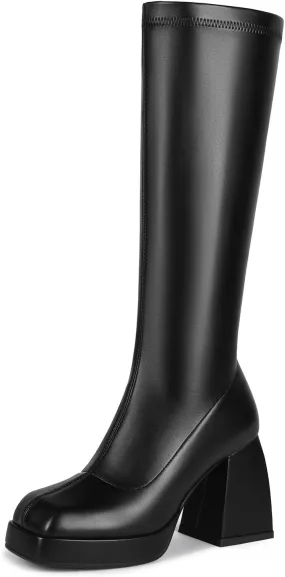 Knee High Go Go Boots - Tall Women's Square Toe Chunky Heel Platform Long Boots
