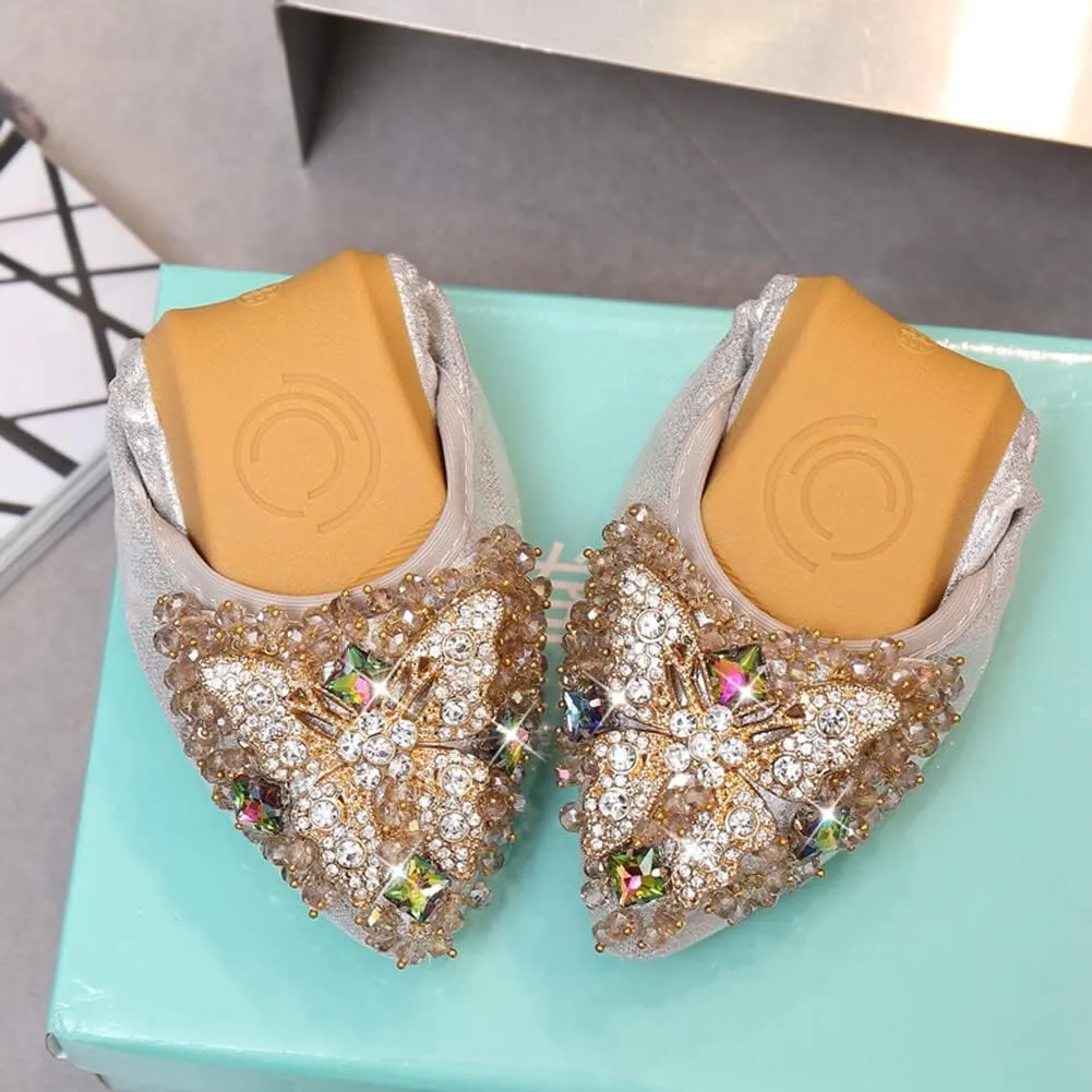 KUNWFNIX Women Ballet Flats Rhinestone Wedding Ballerina Shoes Foldable Sparkly Comfort Slip on Flat Shoes