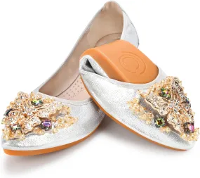 KUNWFNIX Women Ballet Flats Rhinestone Wedding Ballerina Shoes Foldable Sparkly Comfort Slip on Flat Shoes