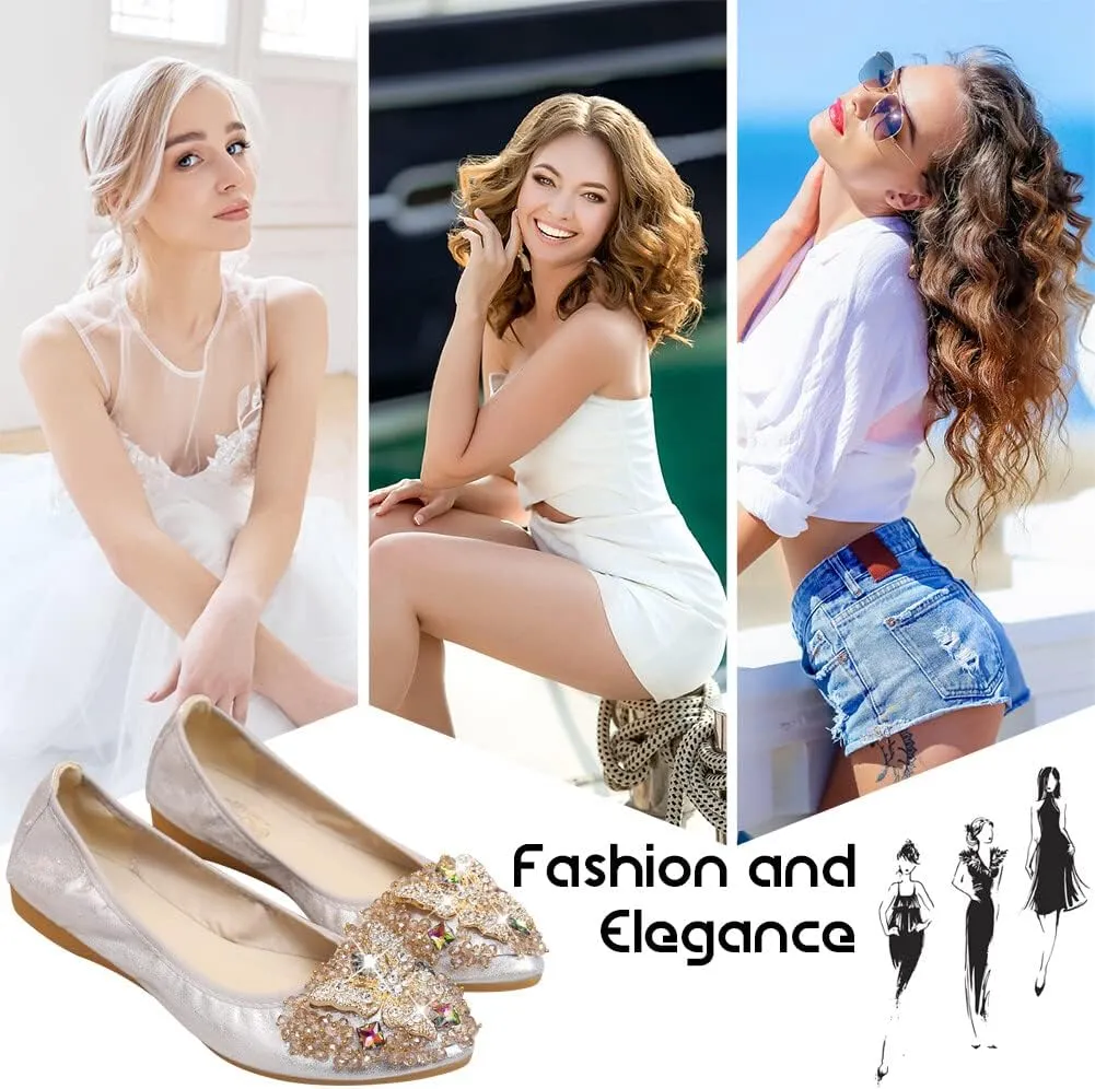 KUNWFNIX Women Ballet Flats Rhinestone Wedding Ballerina Shoes Foldable Sparkly Comfort Slip on Flat Shoes