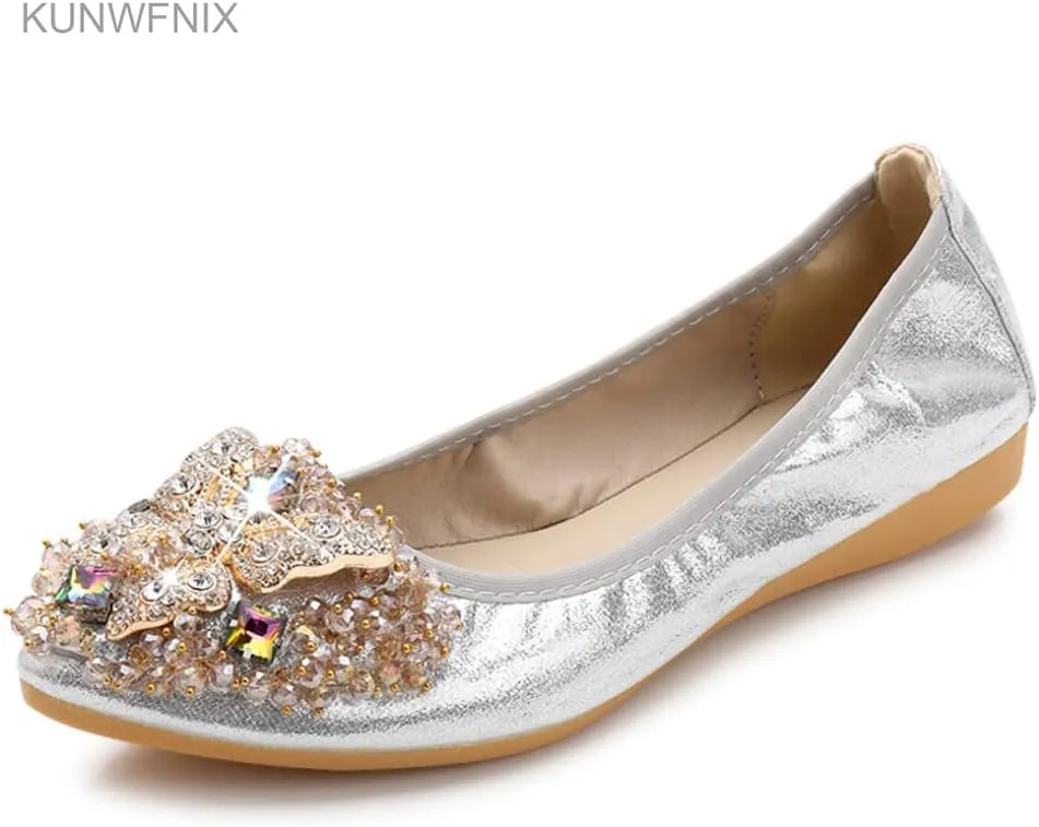 KUNWFNIX Women Ballet Flats Rhinestone Wedding Ballerina Shoes Foldable Sparkly Comfort Slip on Flat Shoes