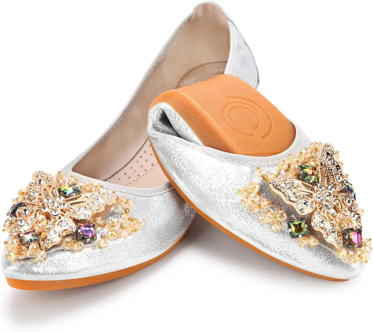 KUNWFNIX Women Ballet Flats Rhinestone Wedding Ballerina Shoes Foldable Sparkly Comfort Slip on Flat Shoes
