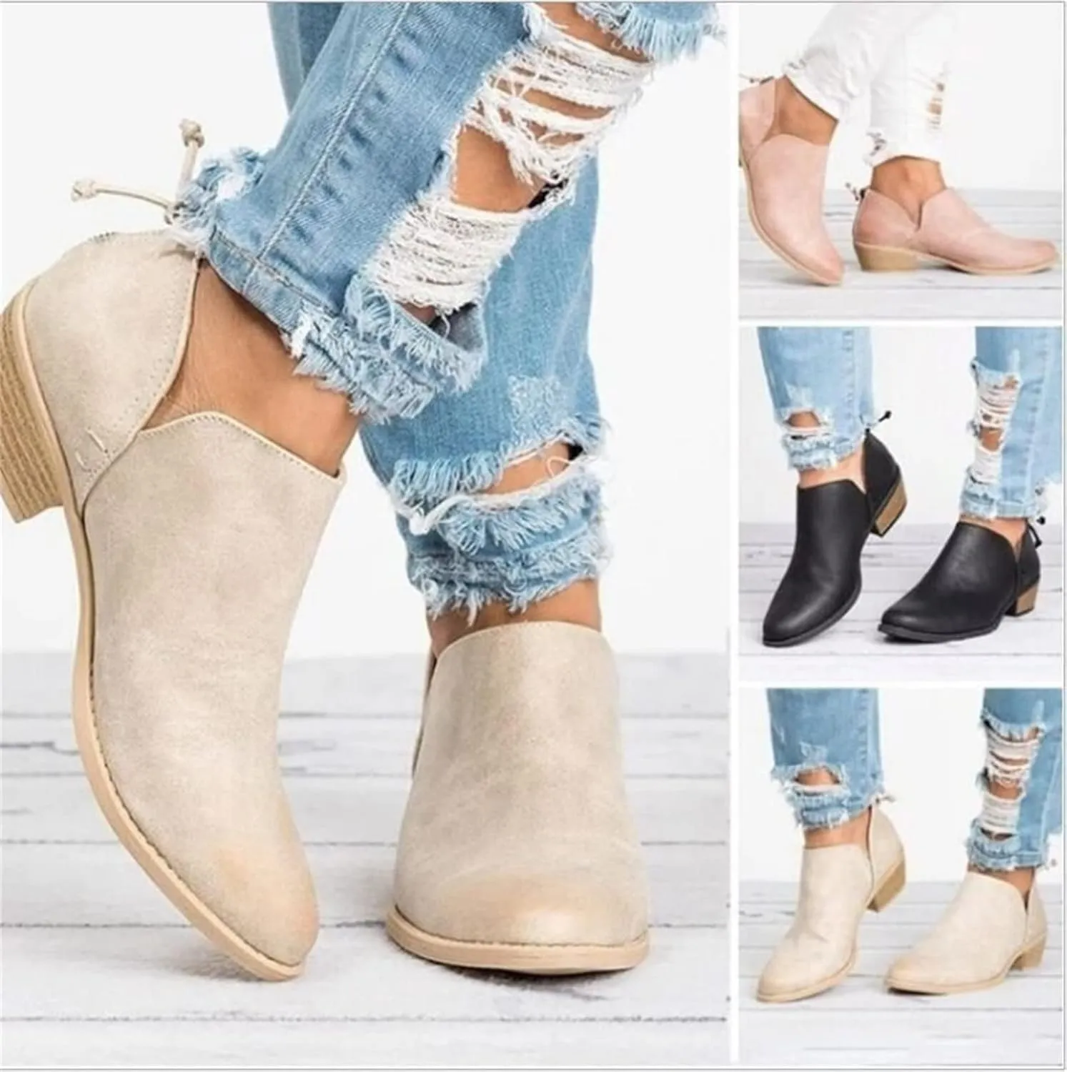 Lausiuoe Boots For Women Ankle Booties Low Heel Cut Out Stacked Chunky Block Casual Dressy Fashion Slip on Ankle Boots