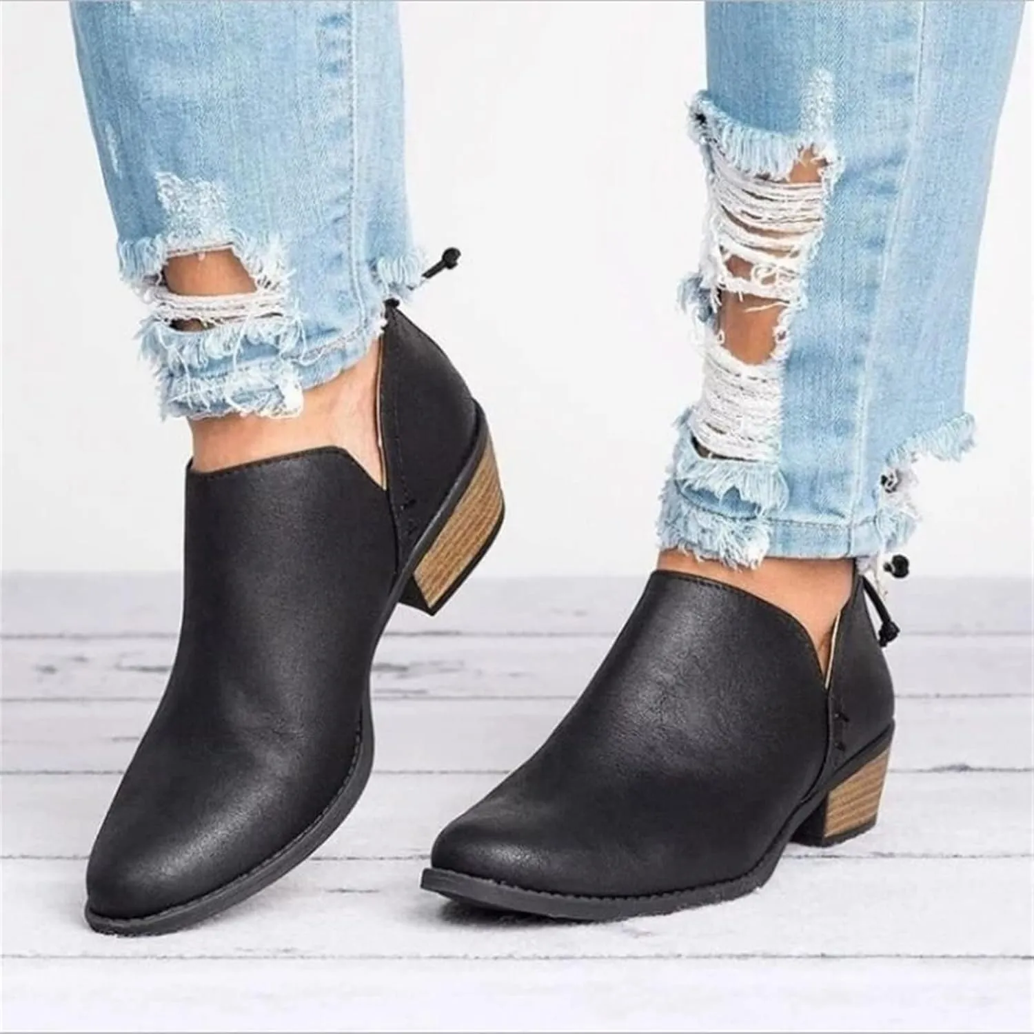 Lausiuoe Boots For Women Ankle Booties Low Heel Cut Out Stacked Chunky Block Casual Dressy Fashion Slip on Ankle Boots