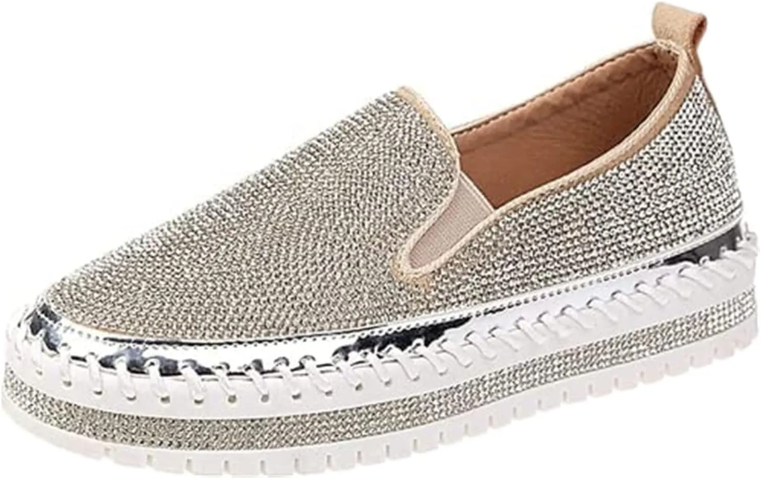 Lausiuoe Glitter Sneakers For Women Wide Width Casual Sparkly rhinestone Shoes Fashion Slip On Soft Walking Flat Loafers