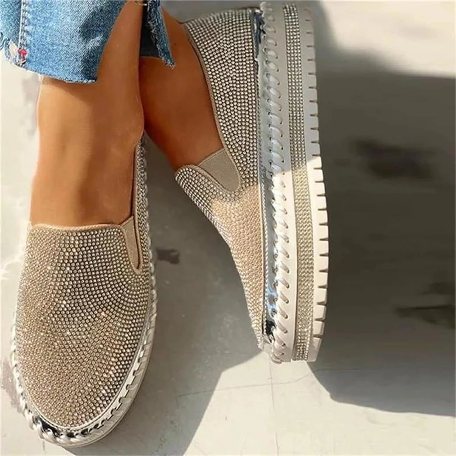 Lausiuoe Glitter Sneakers For Women Wide Width Casual Sparkly rhinestone Shoes Fashion Slip On Soft Walking Flat Loafers