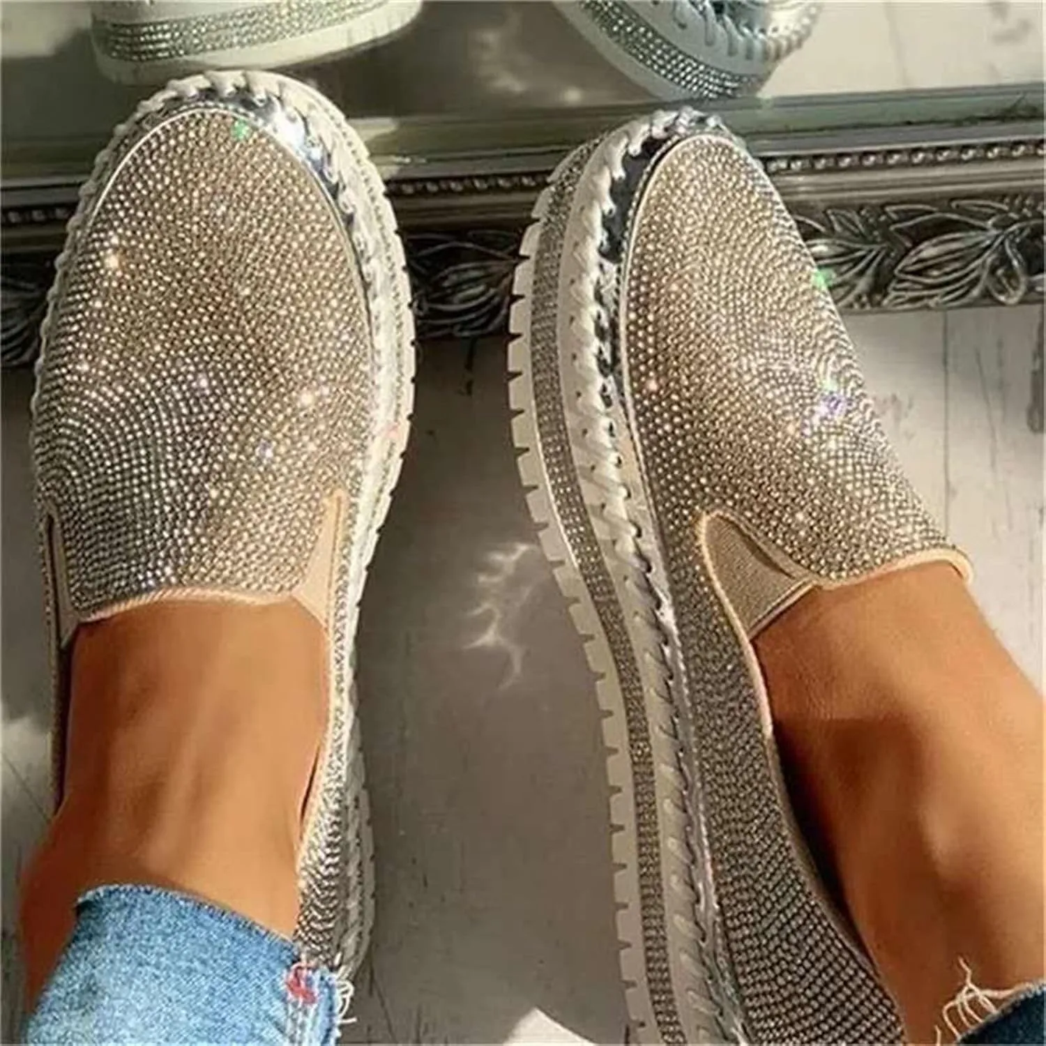 Lausiuoe Glitter Sneakers For Women Wide Width Casual Sparkly rhinestone Shoes Fashion Slip On Soft Walking Flat Loafers