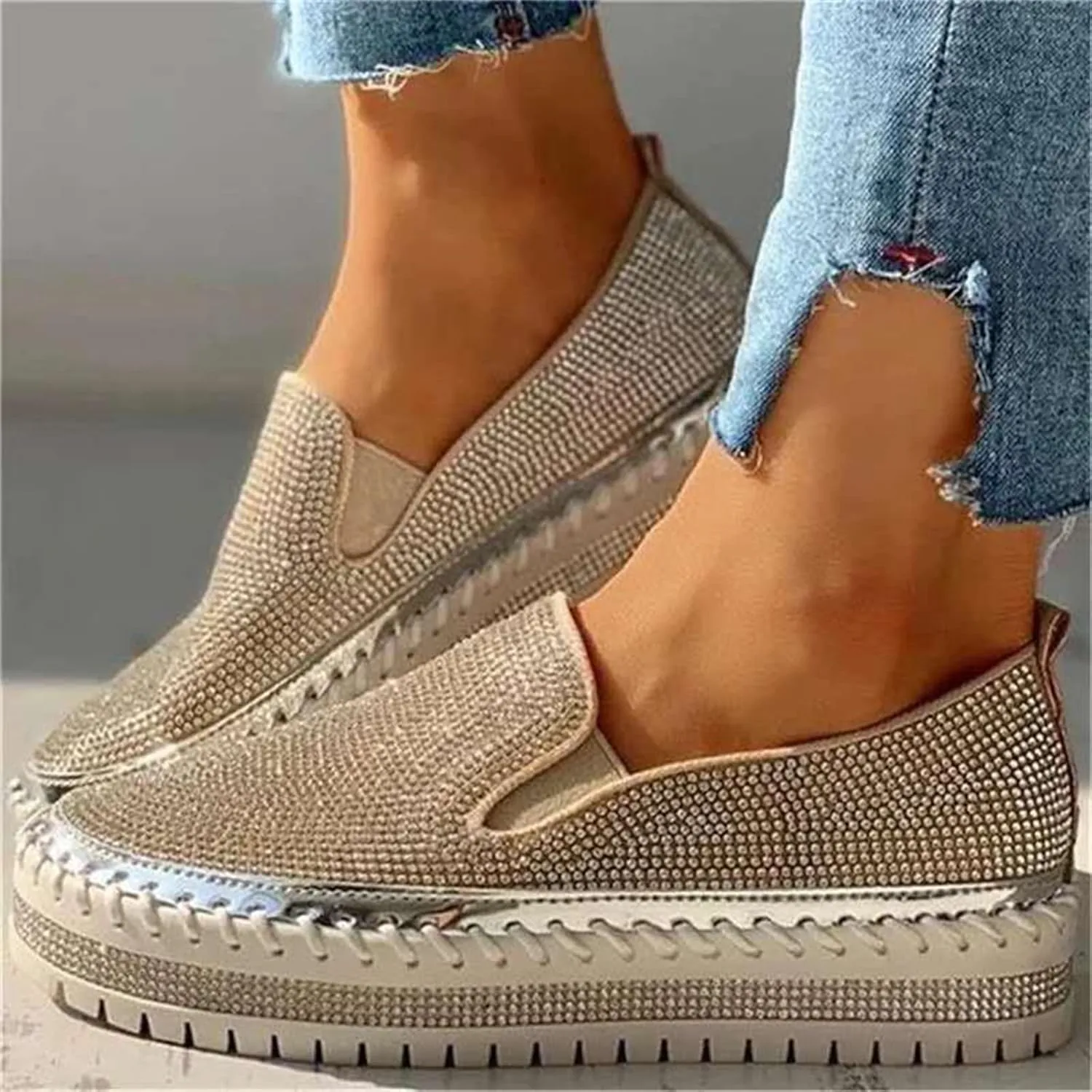 Lausiuoe Glitter Sneakers For Women Wide Width Casual Sparkly rhinestone Shoes Fashion Slip On Soft Walking Flat Loafers